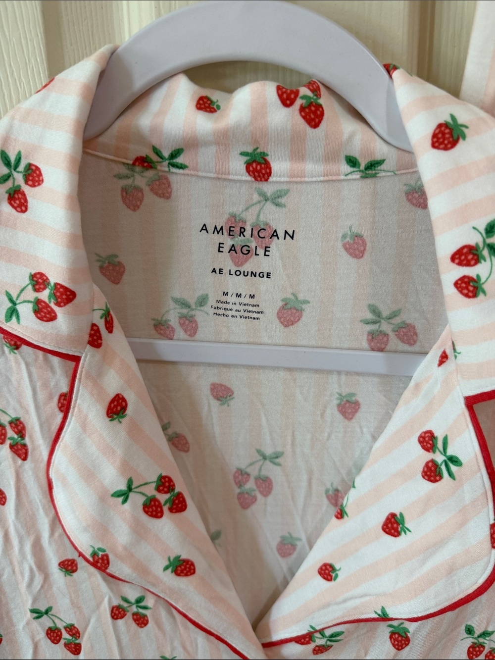 American Eagle Outfitters Pink Cherry-Print LS Top & Pants PJ Set Sz M. Box56 - Picture 2 of 4
